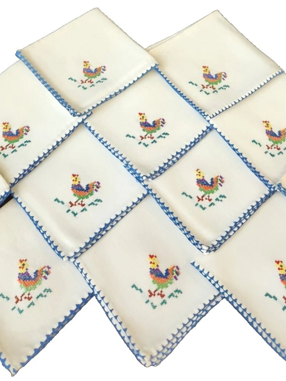 Vtg 1950s Set 12 Hand-Embroidered Cocktail Napkins Blue Scalloped Edges Roosters